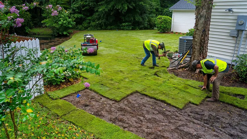 Two men laying new sod on home lawn